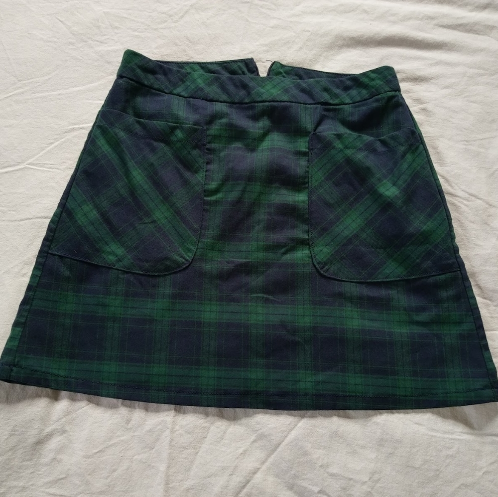Blue Green Plaid Mini Skirt with Pockets